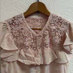 Rebecca Taylor Silk Pink Lace Ruffle Button-Front Top